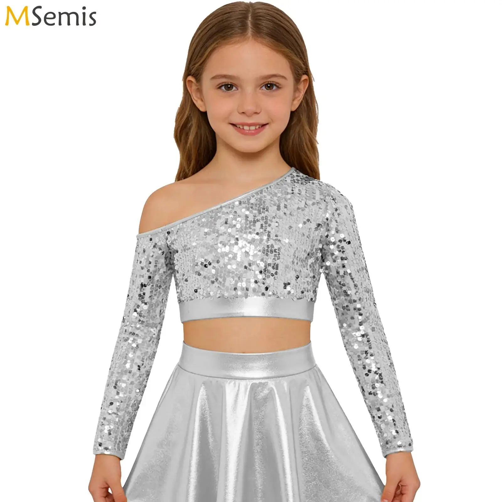

Детские топы для девочек для хип-хопа, джаза и латиноамериканских танцев, костюм для выступлений, топ с одним плечом, длинным рукавом и пайетками, танцевальная одежда