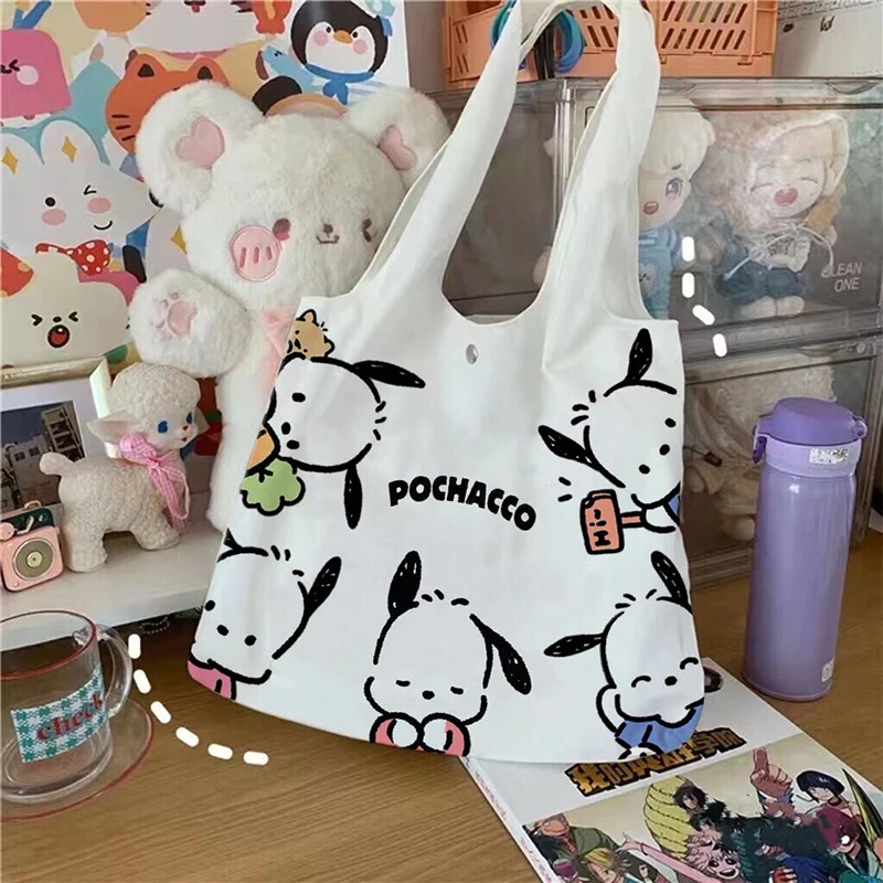 Kawaii Sanrio Shoulder Bag Pochacco Anime Cute Cartoon Shopping Student Book Storage Canvas Handbag Baby Toys For Girls Gifts