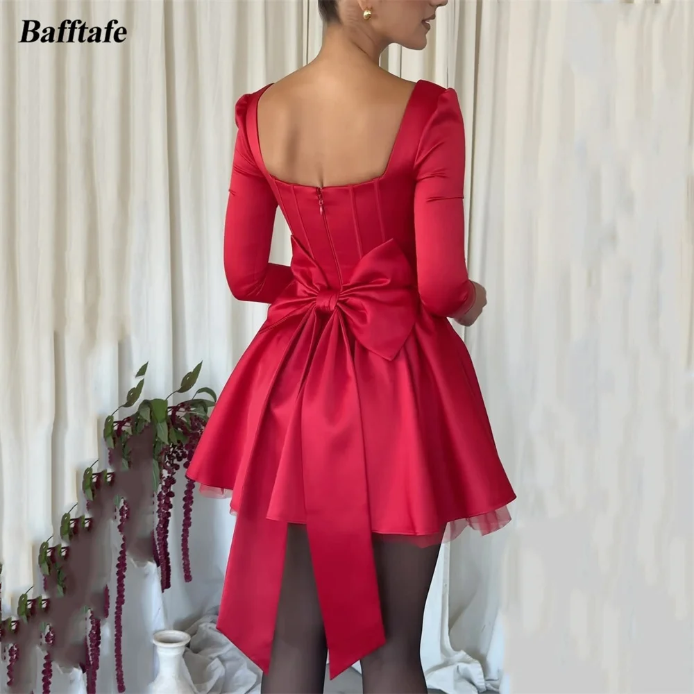 Bafftafe A Line Red Satin Mini Prom Dresses Long Sleeves Bow Back Customized Formal Homecoming Party Gowns Birthday Dress Women