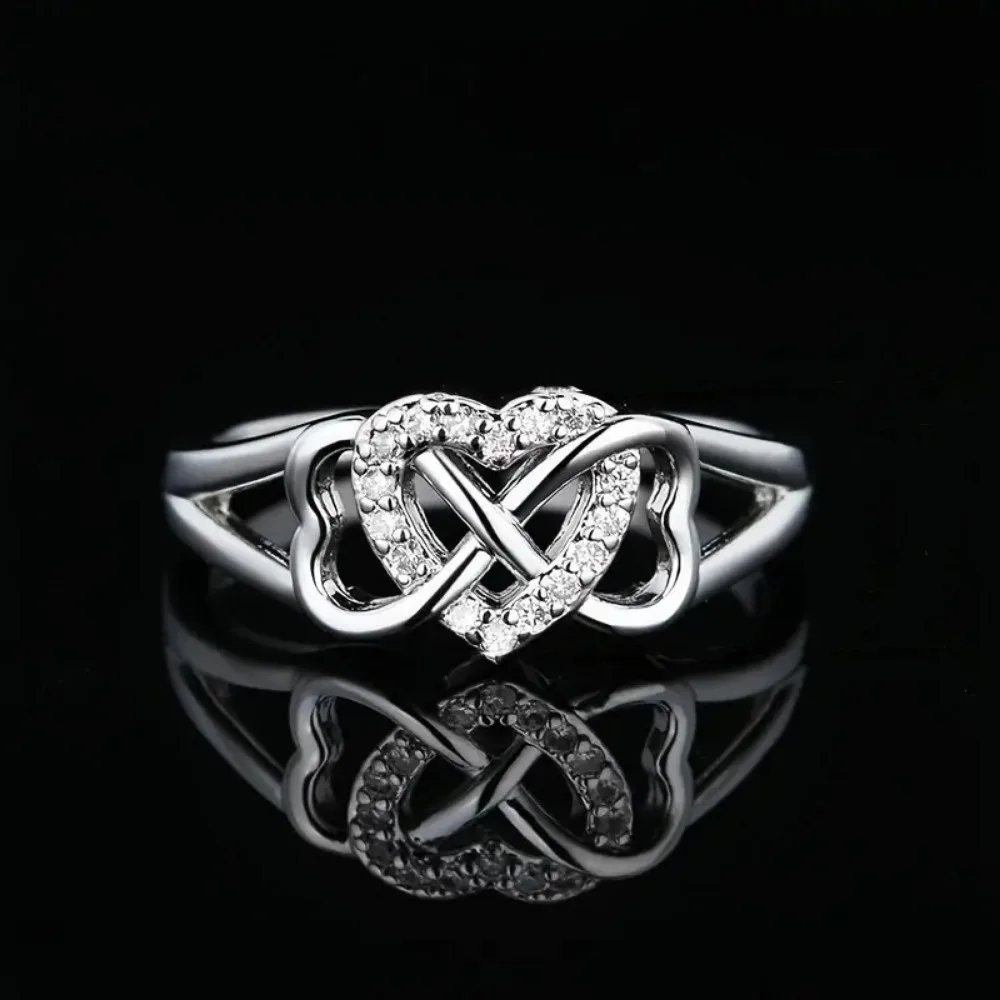Exquisite Sweet Hollowed Two Hearts Intertwined Micro-inlay 5A Zircon Concentric Knot Rings for Women Valentine's Day Jewelry