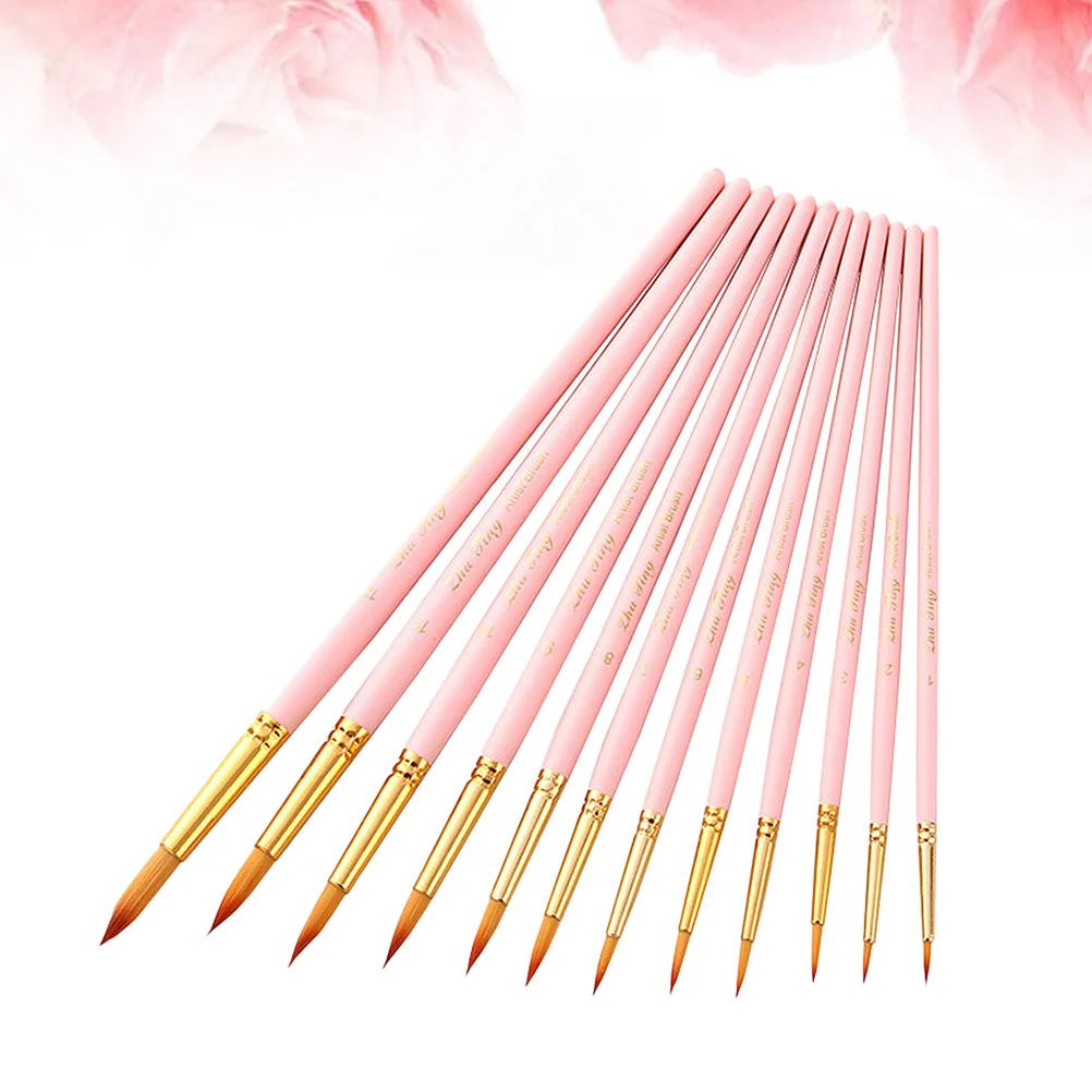 12Pcs Set Kuas Lukis Profesional Bulu Nilon Tahan Lama Gagang Kayu Kuas Seni Rupa untuk Lukisan Detail Cat Air Kerajinan