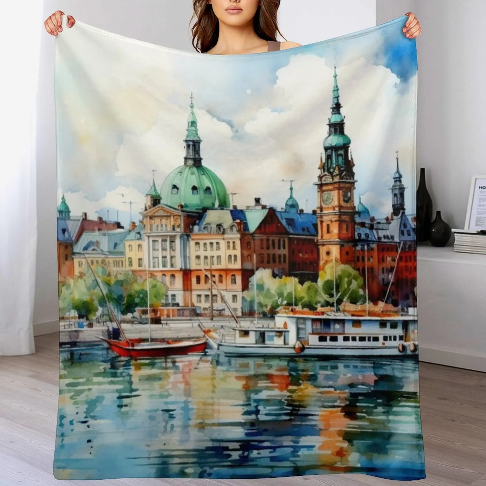 A Watercolor Design of Stockholm - Sweden Throw Blanket Warm Plush Fuzzy Blanket for Living Room