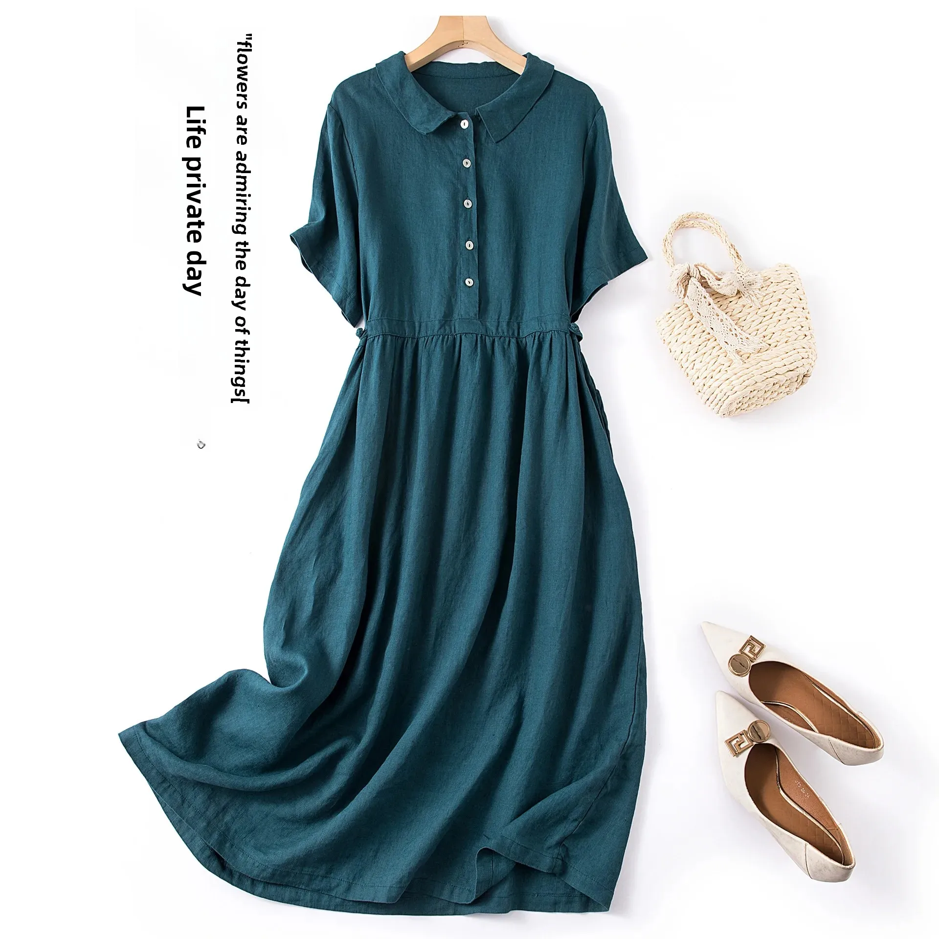New Arrival Cotton Linen Korean Style Women's Dress 2024 Spring Summer Short Sleeve Shirt Collar Artistic Vintage Loose-Fit Sing