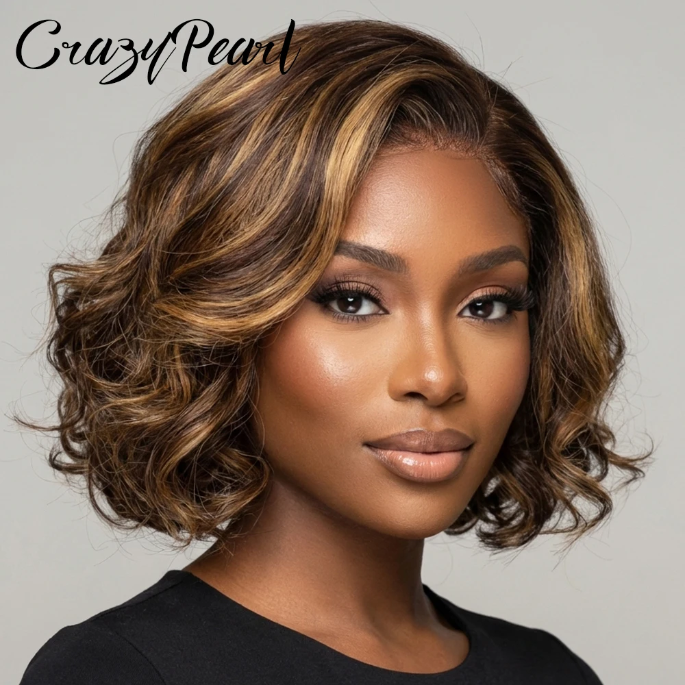 

13X4 Lace Frontal Wig Human Hair Short Bob Highlight Brown Blonde Body Wave Pre Plucked Natural Hairline Glamorous Vintage Style