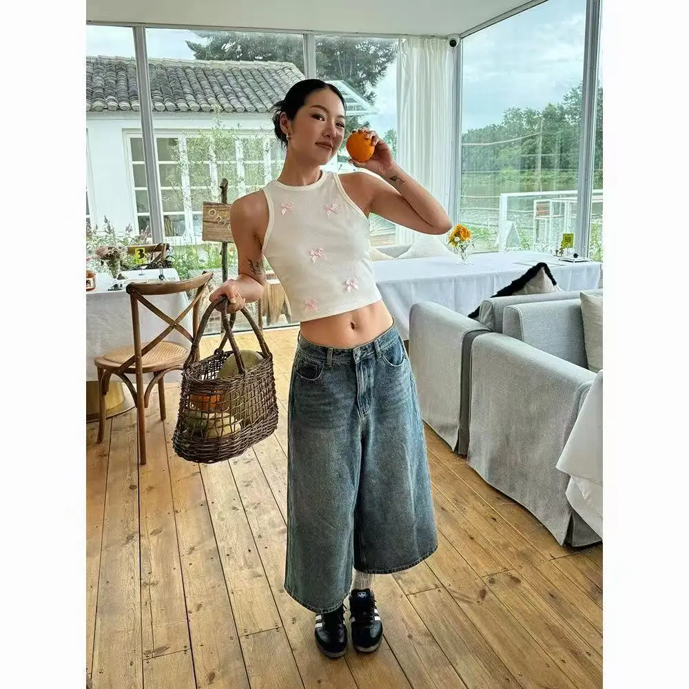 

Summer High Waist Women's Pants Cropped Jeans Loose Straight Leg Casual Retro Shorts for Youth