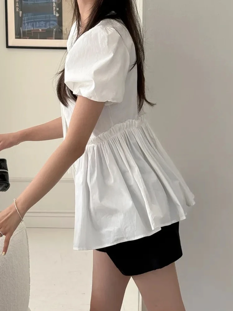 Haut blanc Chic d'été irt pour femmes, bulle vacillante à la taille, Sve v-ne Puff, détail Floral, coupe ample coréenne