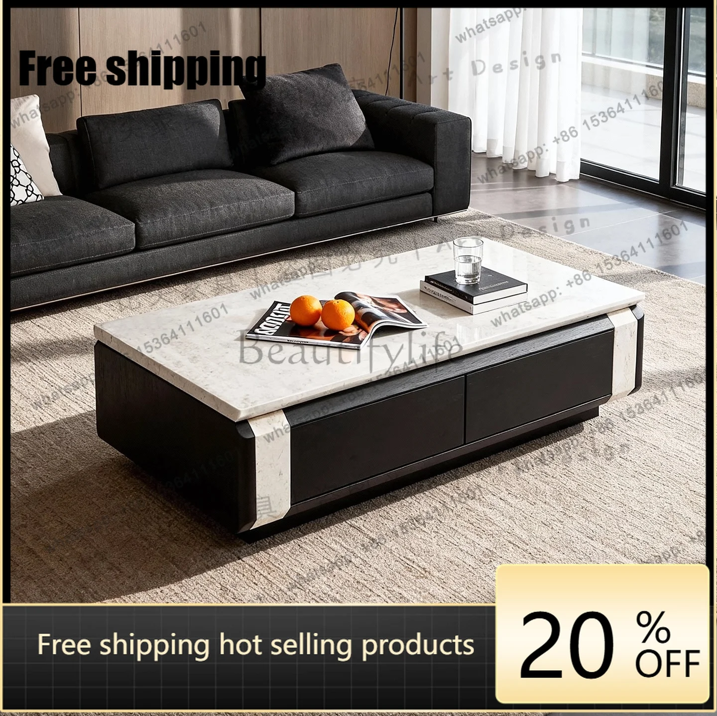 Minimalist natural luxury stone coffee table, moonlight beige storage drawer, high-end villa designer