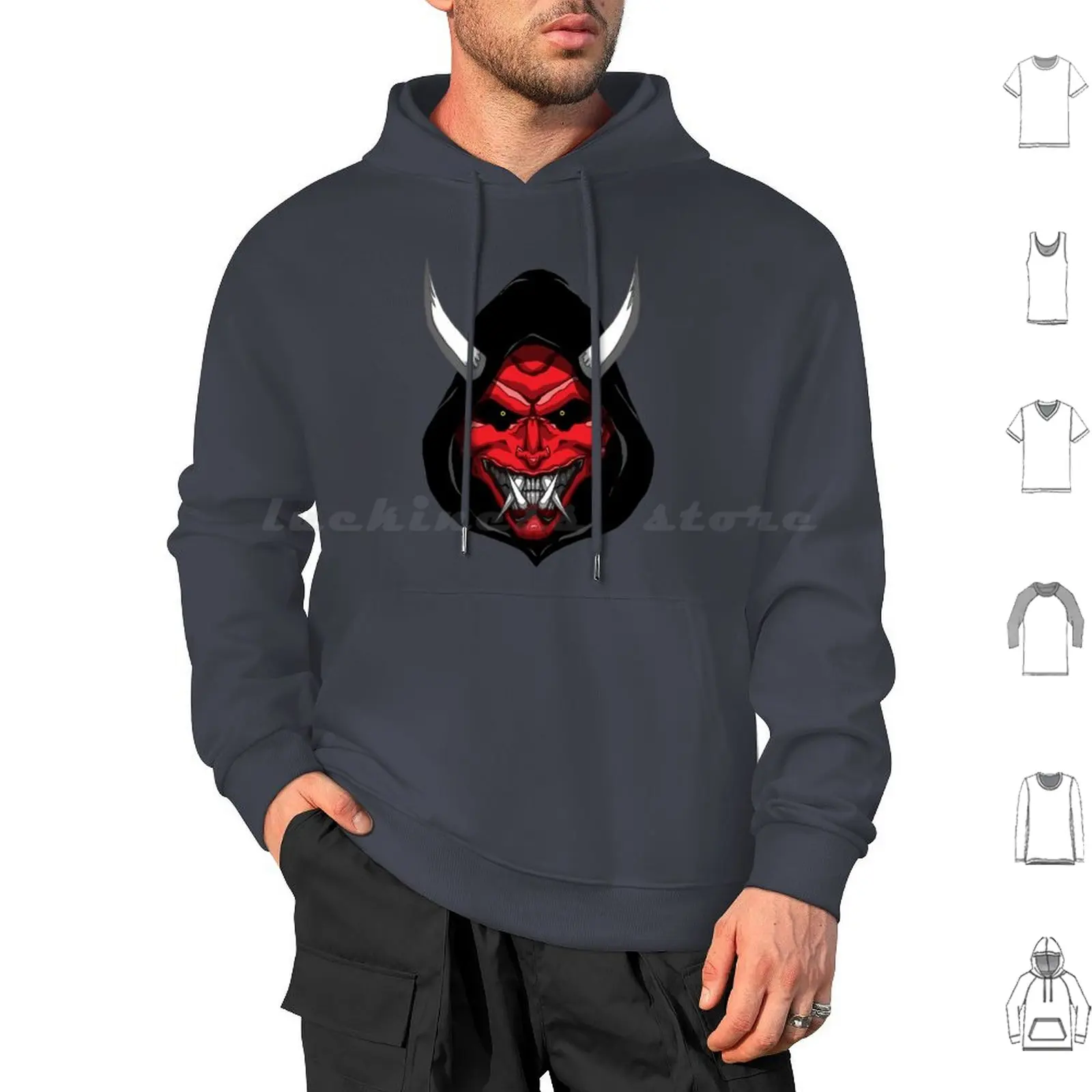 Japanese Oni Mask Hoodies Long Sleeve Japanese Oni Evil Scary Horns Demon Spirit Halloween Nioh Assassin Joker