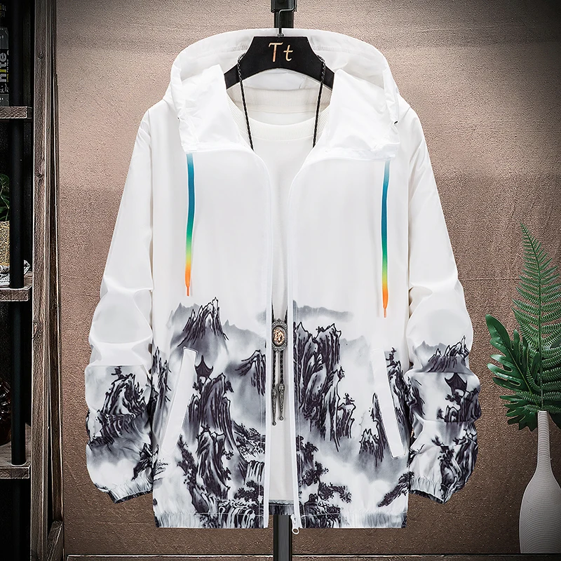 Summer Printed Ultra-thin Sunscreen Jacket Ink Mountain Jacket Hooded Uv Resistant Outdoor Breathable And Quick Drying Sprinte