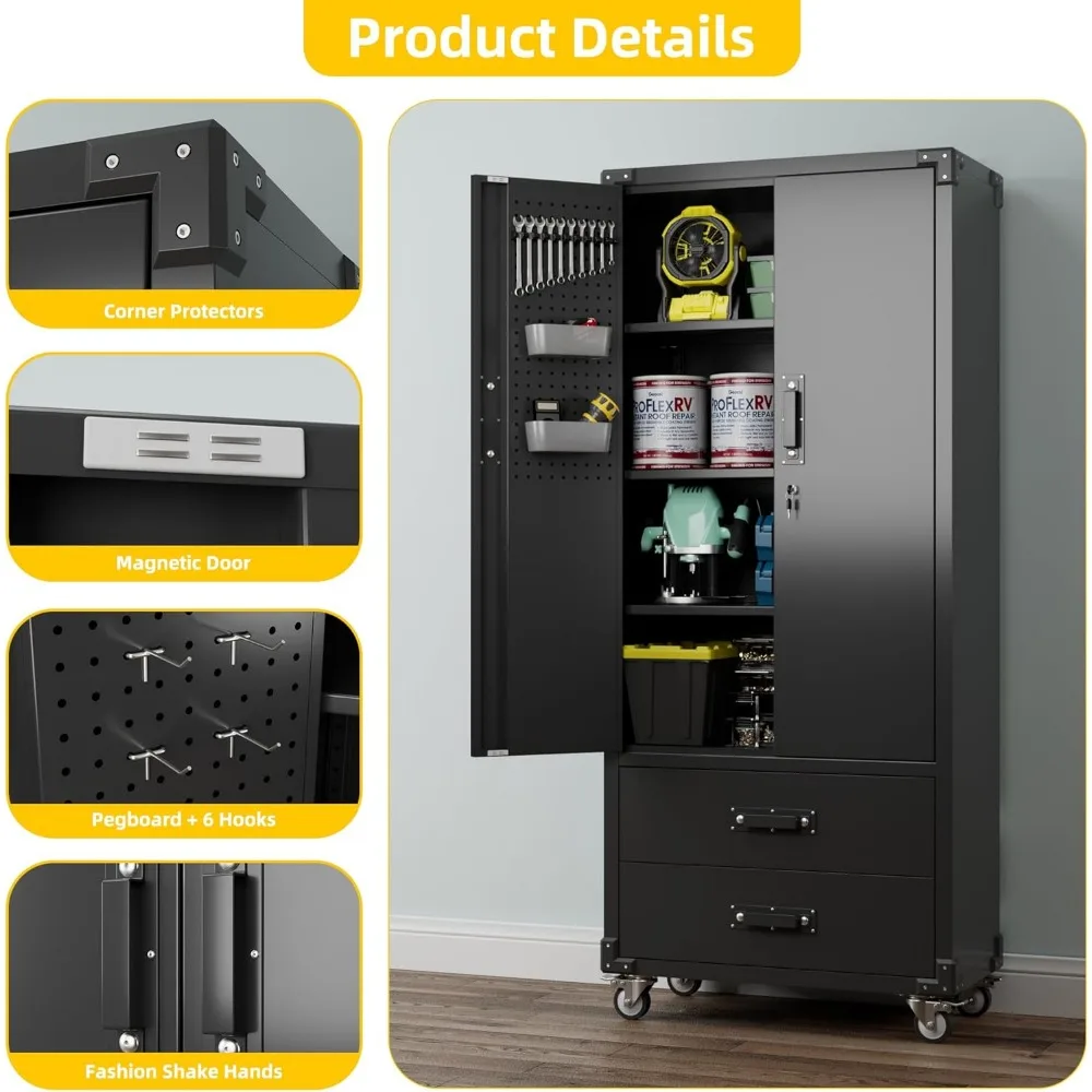 Большой металлический шкаф для хранения на колесах, запираемый стальной шкаф с 3 регулируемыми полками и 6 крючками для улучшенной организации