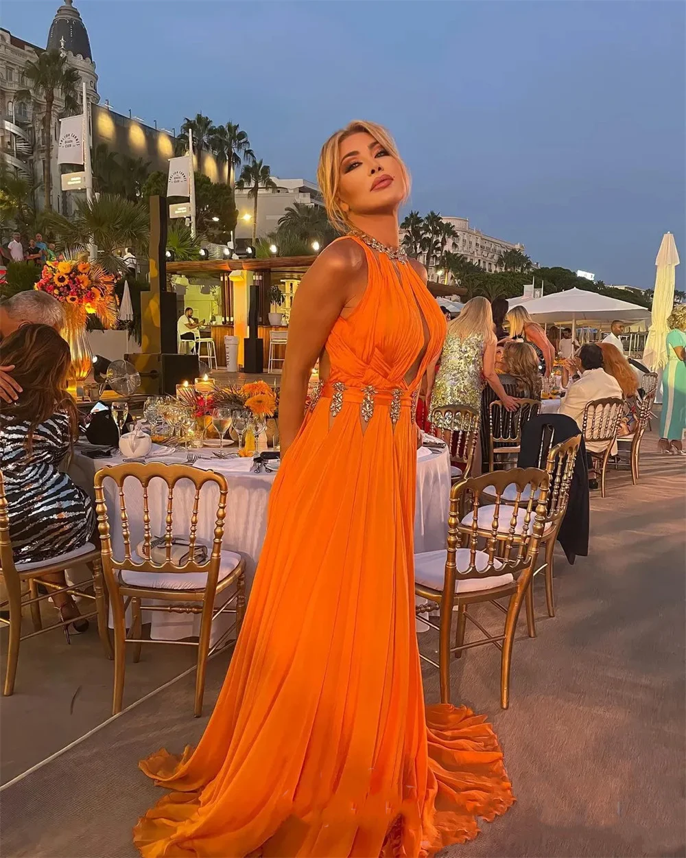 Simple & Charming Orange A-line Prom Dresses Crystals Beaded Evening Formal Party Dresses 2024 Vestidos Elegantes Para Mujeres