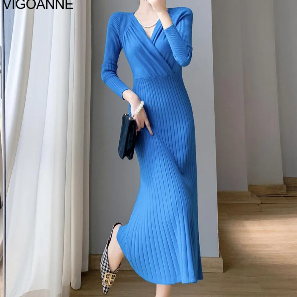 VigoAnne 2025 Spring Autumn Slim Fit Knit Dress Woman Long Sleeve Korean Evening Party Dresses Sexy Solid Tight Long  Dress