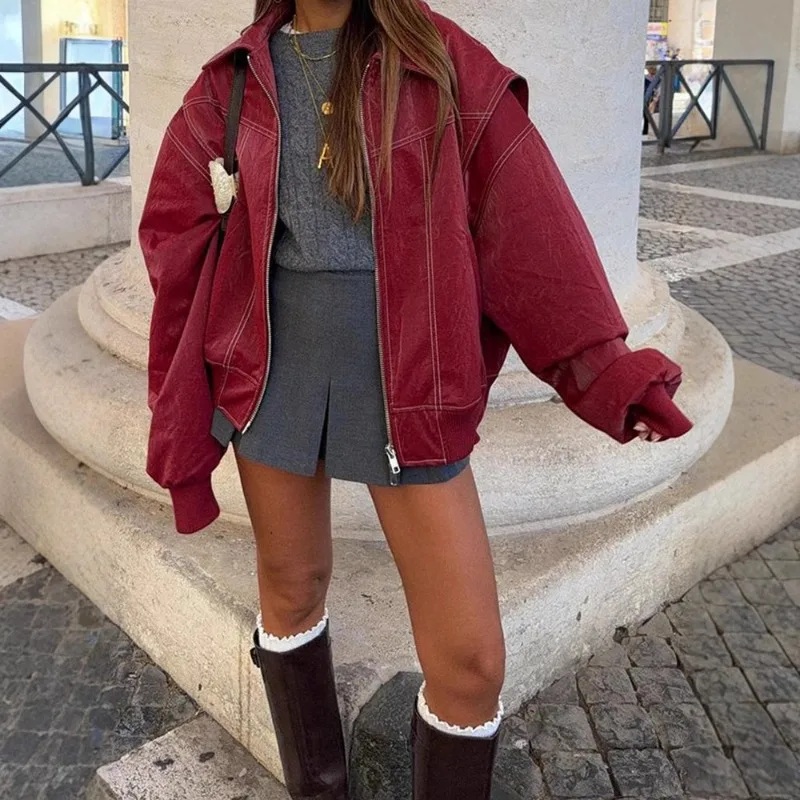 Neu in Jacken, rot, lange Ärmel, stilvolle Kunstleder-Motorradjacke, klassische Revers, Reißverschlussjacke, lockerer Damen-Retro-Mantel