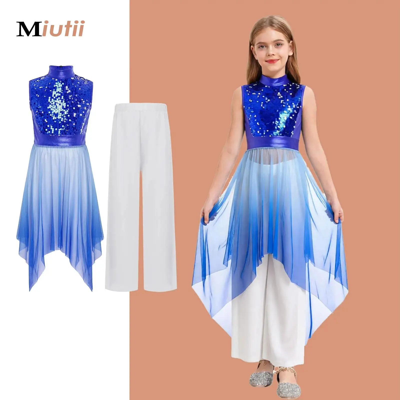 

Kid Girls Sleeveless Praise Dance Dress Loose Fit Full Length Church Liturgical Lyrical Dancewear Worship Wide-Leg Pants Costume