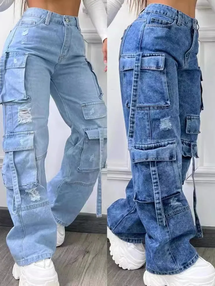 

Faionable Casual High Waist Women's Workwear Jeans Multi-ket Versatile Denim Pants Straight Leg No-Wrinkle Treaent