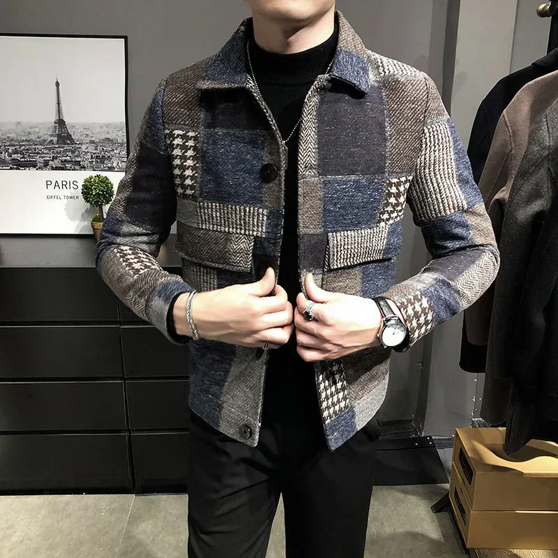 

Abrigo Hombre Korean Casual Men Stitching Jacket Slim Jacket Fashion Warm Long-sleeved Plaid Gentleman Pockets Coat Jacket