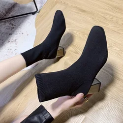 2024 Autumn Winter Boots Women Versatile Mid-high Thick Heel Short Boots 35- 42 Square Head Knitting Elasticity High Heels