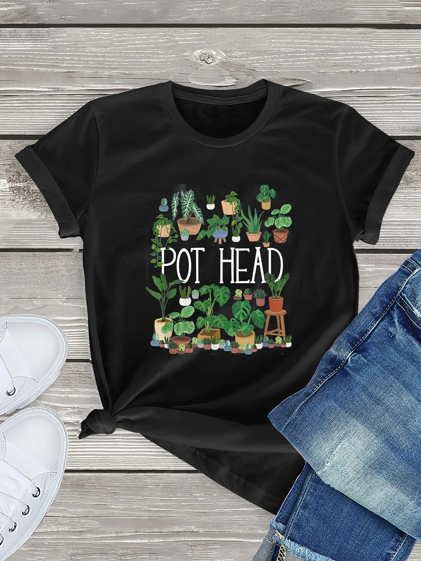 Pot Head Letter & Plants Print T-shirt, Casual Short Sleeve Crew Neck Top, Women\'s Clothing for Spring&Summer