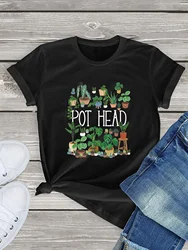 Pot Head Letter & Plants Print T-shirt, Casual Short Sleeve Crew Neck Top, Women's Clothing for Spring&Summer