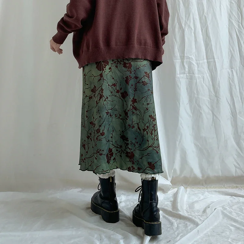 Rockmore groene bloemen bedrukte midi rok Fairycore Grunge Y2K esthetiek Vintage lage taille dames Harajuku outfit kleding