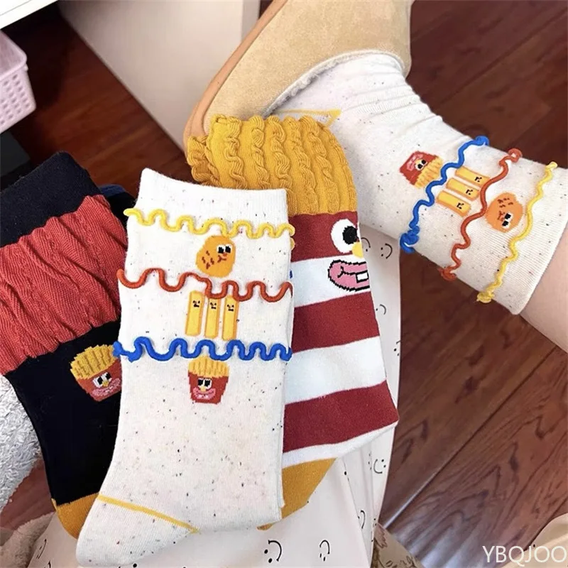 5 Paar Nischen-Socken, personalisierbar, trendige Hamburger, Pommes-Frites-Röhrenmädchen-Socken, niedliche gestreifte Cartoon-Graffiti-Socken, Damensocken
