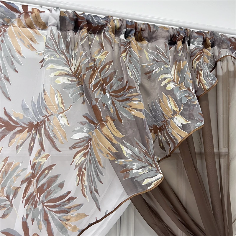 Grey Leaves Crossed Sheer Curtain Top Rod Pocket Suspension Kitchen Tulle Short Curtain Door Window Living Room Partition Drapes