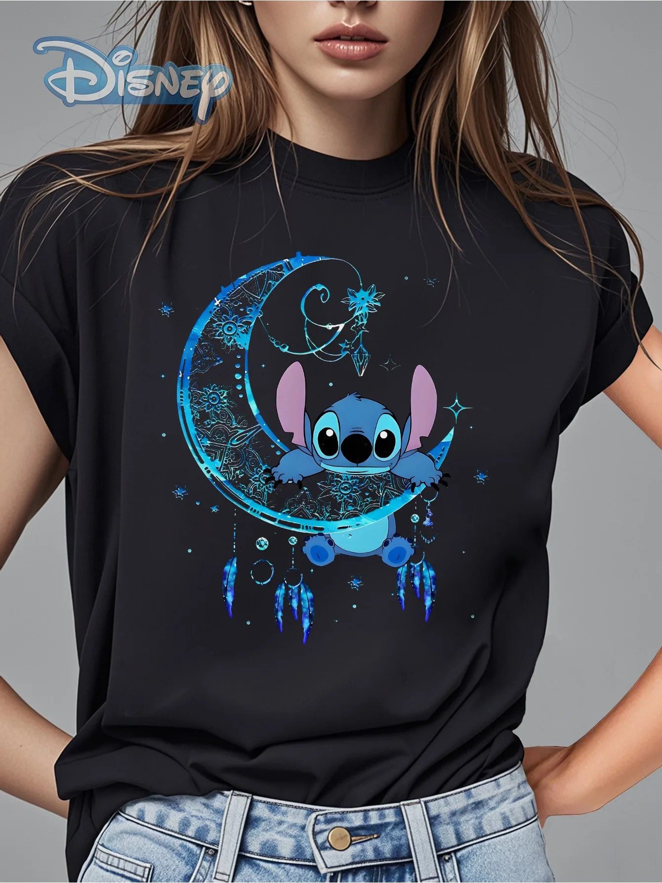 

Disney Stitch Starry Night Men's and Women's T-shirts - Black Loose Fit Short Sleeve Round Neck with Crescent Moon and Stars