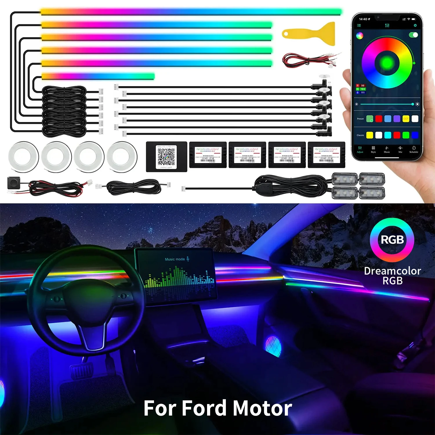 For Ford Motor  22 In 1 Full 64 Colors Streamer Car Ambient LED Interior Lights Hidden Acrylic Strip Symphony Atmosphere Lamp