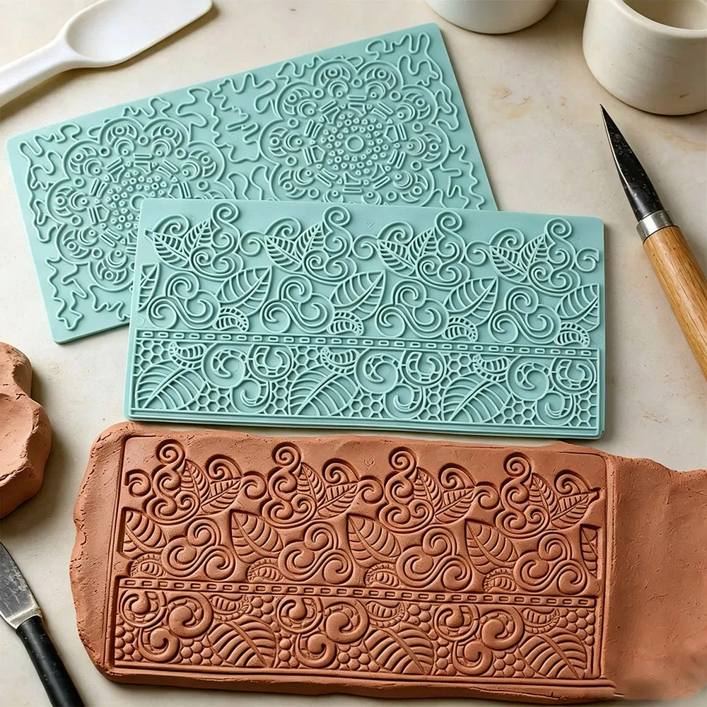 Polymer Clay Textur-Prägematte Kopfsteinpflaster-Birkenrinden-Mandala-Blumenmuster Tonmodellier- und Druckwerkzeug für Töpferhobby