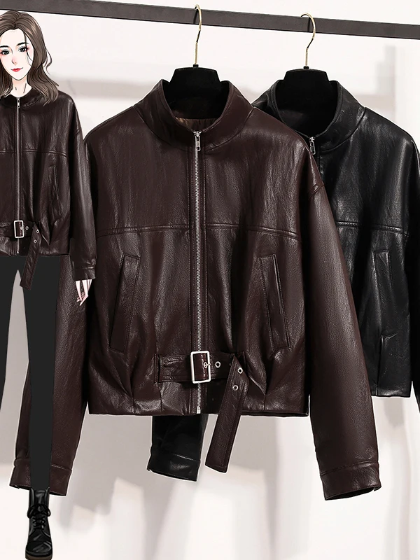 Faionable دراجة نارية Jaet المرأة الخصر مقصوص ort معطف جلد كول Sle حجم كبير الخريف الشتاء Faion ملابس خارجية #3