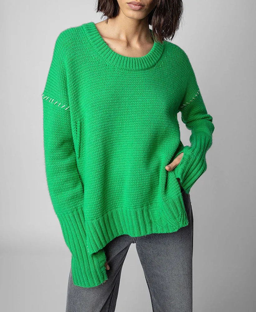 

Green Knit Sweater For Women Autumn Winter O-Neck Long Sleeve Hand-Woven Slit Hem Loose Pullover Sweater Top