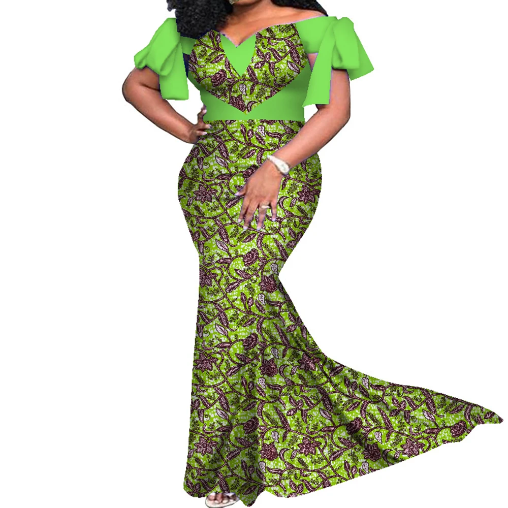 African Women Wedding Clothing with Heart Shape Slash Neck Dress Fashion Lady Elegant Wax Print Cotton Dresses WY7965