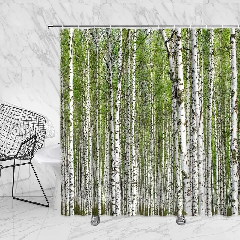 Woodland Shower Curtains Birch Trees in The Forest Summertime Wildlife Nature Outdoors Themed Picture Fabric Bathroom Decor Set