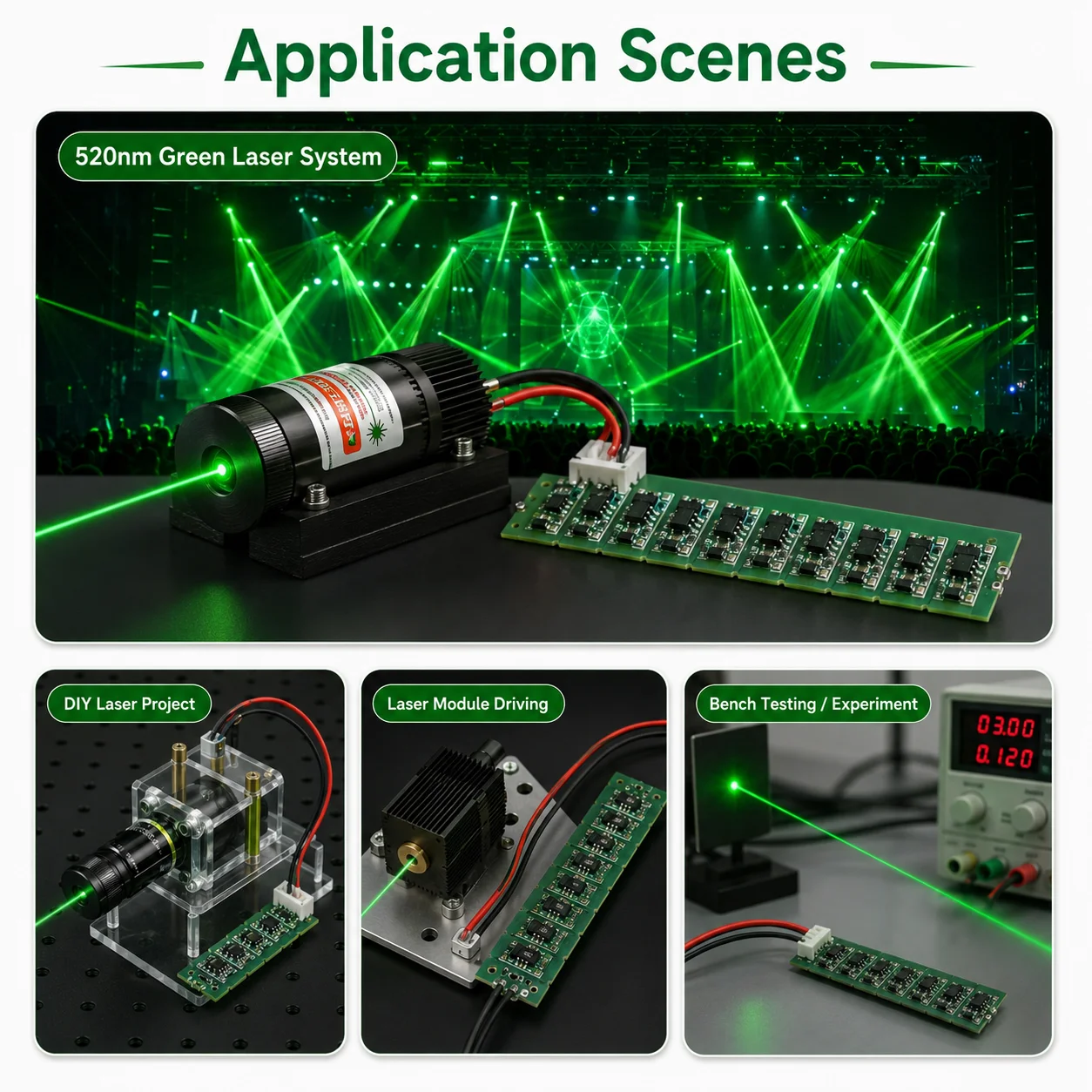 520nm Green Laser Module B Style Boost Driver Board 1-100mW 3-7V Input 7V Output for Tool Instruments Accessories Stage Lighting