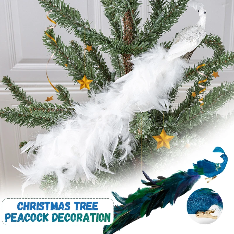 Christmas Artificial Glitter Peacock Christmas Ornaments Bird Figurine Long Tail Real Natural Feathers Hanging Decorations