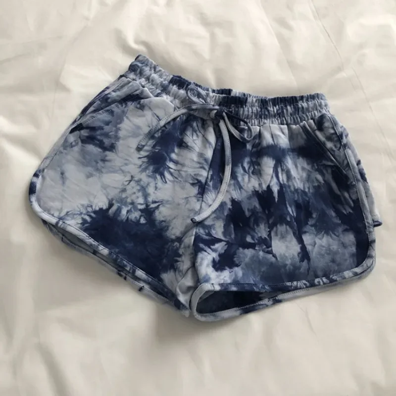Pantaloncini sportivi da corsa per donna Tie Dye Fitness Blu Donna Pantaloni corti Casa ampia palestra Elasticità Y2k Harajuku Estate Kpop XL