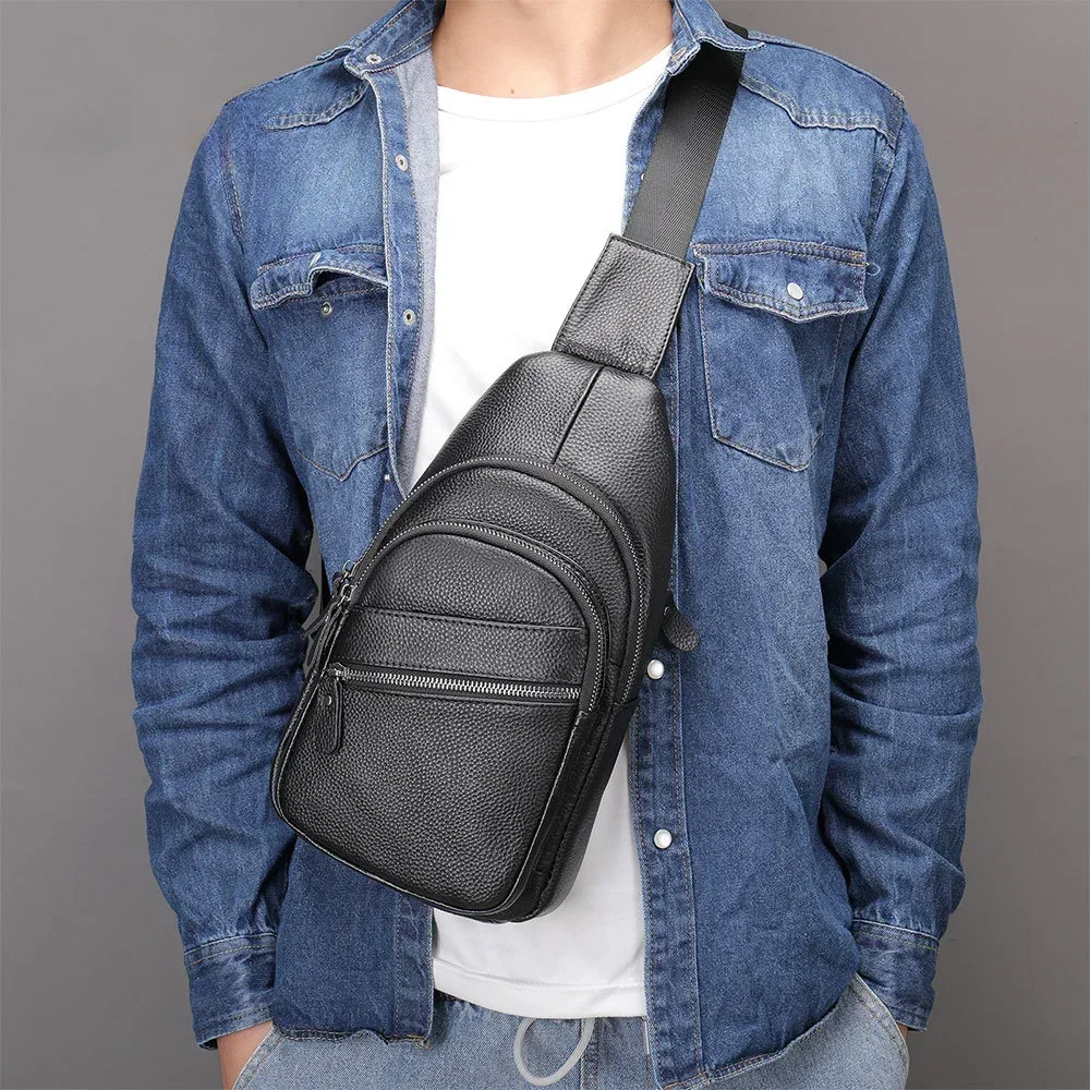 Bolsa masculina bolsa 100% couro de vaca bolsa de ombro moda mensageiro bolsa crossbody bolsa de peito para homens bolsa de luxo preta