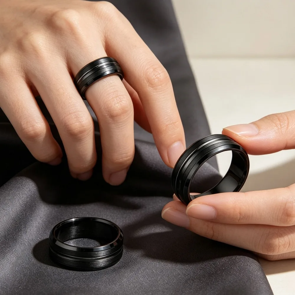 Men Matte Black Grooved Stainless Steel Ring Fashion Statement Band Engagement Wedding Birthday Daily Jewelry