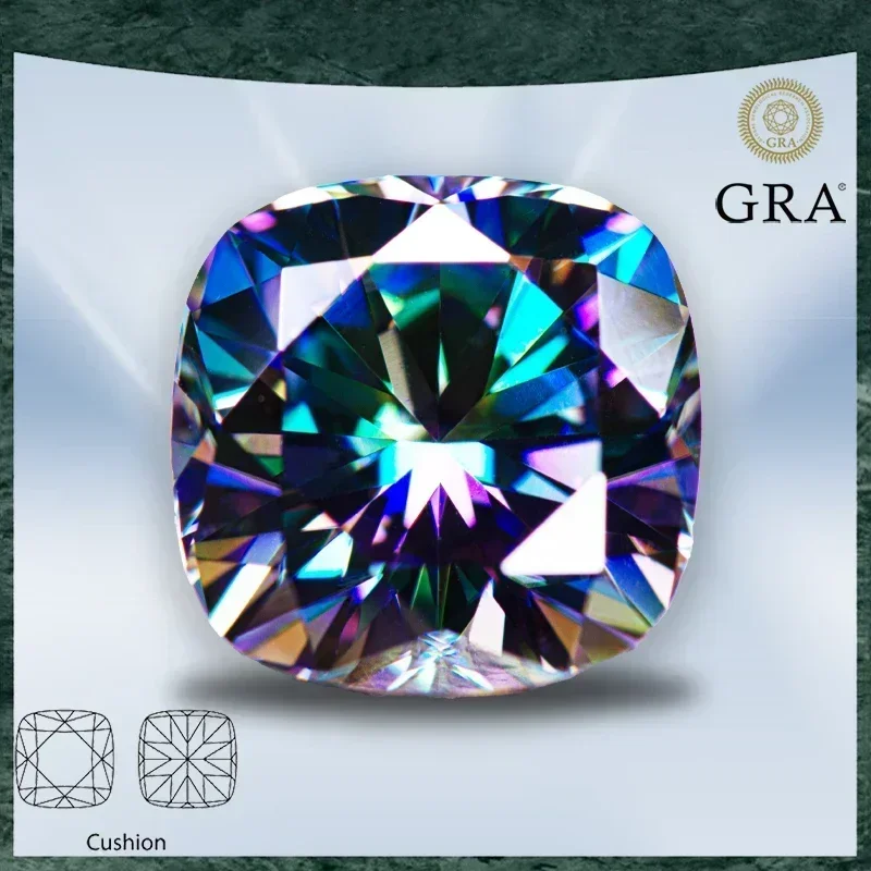 

Moissanite Stone Cushion Cut Rainbow Green Color VVS1 with GRA Certificate for Gemstone Charms Advanced Jewelry Making Materials