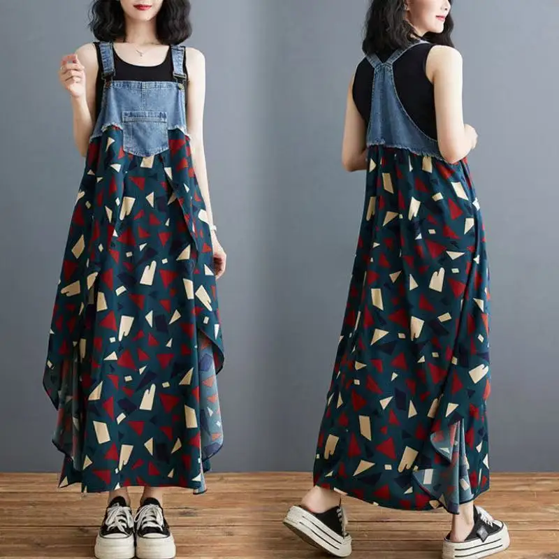 

Women Denim Strap Maxi Dress 2026 Summer Geometric Print Chiffon Patchwork Irregular Hem Casual Lose Sundress
