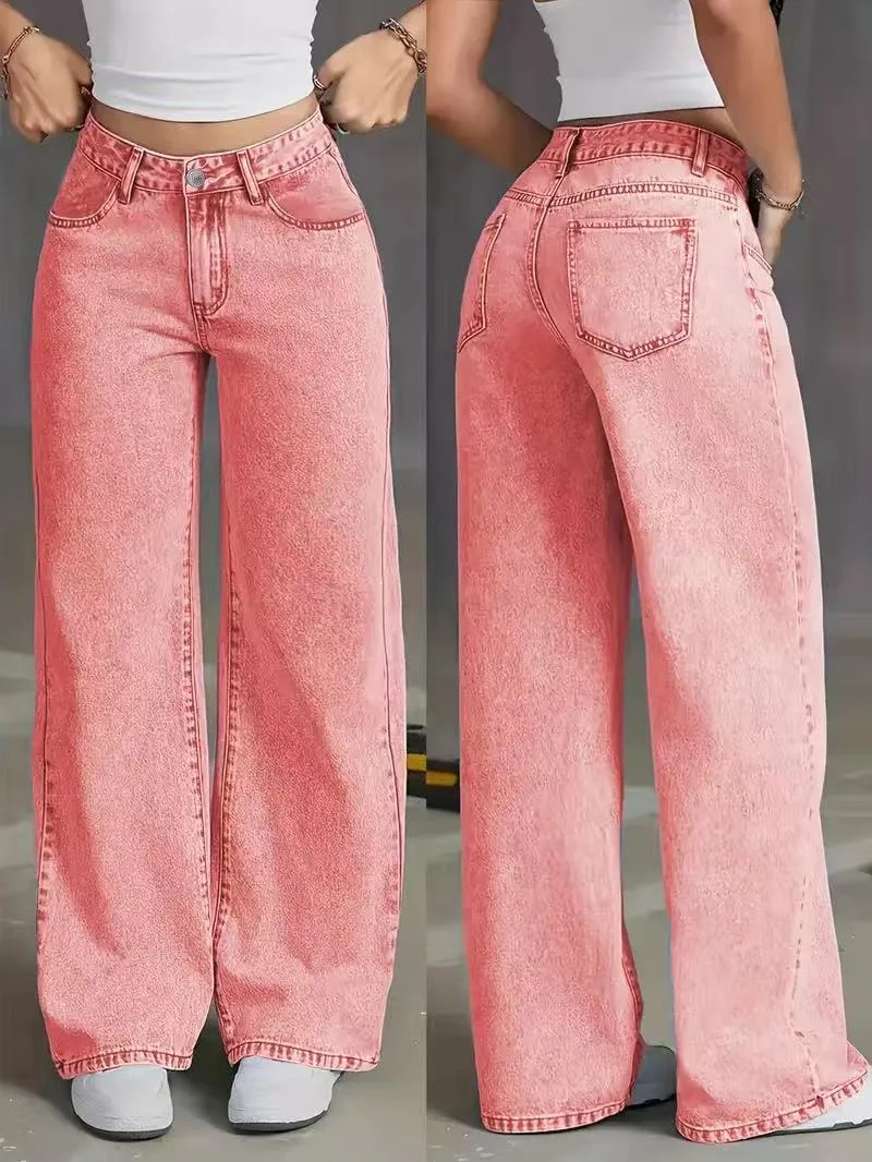Gewaschene gerade Denim-Hose für Damen, weites Bein, Vintage-Schleppjeans, Distressed-High-Street-Hose, lässige Streetwear