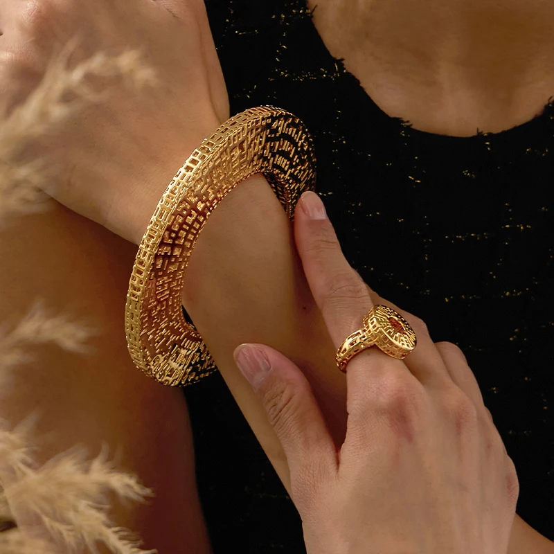 IVOG Hollow Out Flat shape Design Bangle For Women Gold Color Elegance Bracelets Fashion Jewelry Official Flagship Store