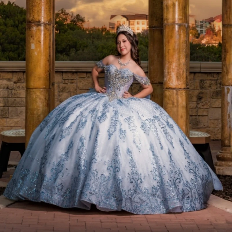 

Blue Shiny Ball Gown Quinceanera Dresses Sequin Applique Lace Beading Crystal Bow Tull Corset Off Shoulder Sweet 16 Dress Vestid