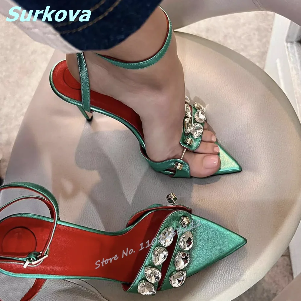 

Metal Decro Pointy Toe Sandals Crystal Buckle Strap Metal Thin High Heels Stilettos Fashion Sexy Party Dress Women Shoes Summer