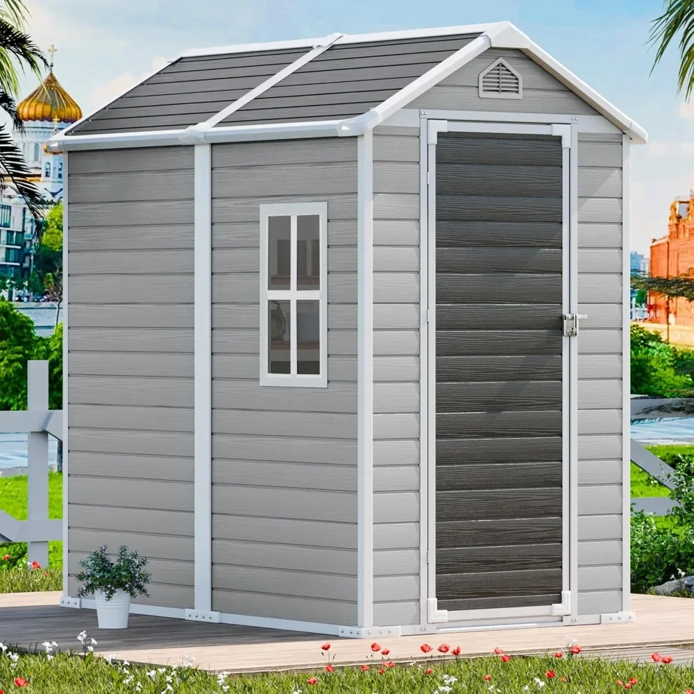 4x6 Feet Resin Storage Shed, Waterproof Outdoor Shed with Floor & Lockable Door & Window & Vents