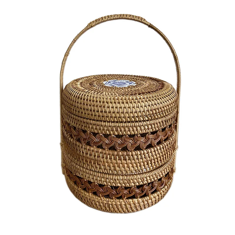 Vietnam rattan double layer food box desktop coffee table sundries snacks dried fruit tea cups tea organizer basket