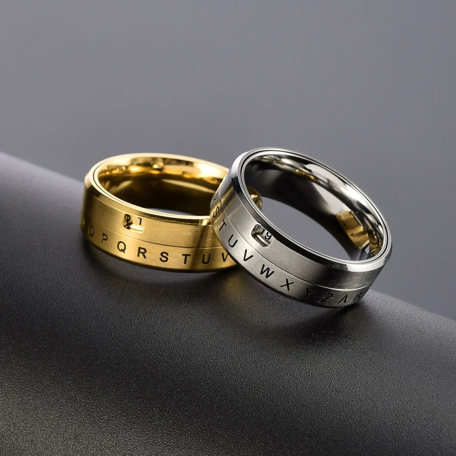 8MM Fashion Punk Biker Men's Stainless Steel Alphabet Number Spinner Ring Decoder Design Promise Rotatable Wedding Band view 4