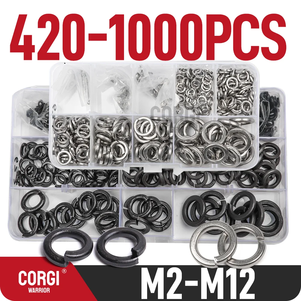 420 to 1000 Metric Sizes Spring Lock Washers Assortment Kit M2 M2.5 M3 M4 M5 M6 M8 M10 M12 Black 8.8 Grade Carbon Steel for Bolt