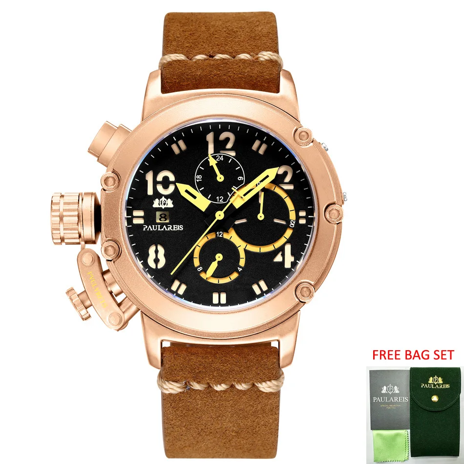 

Automatic Watches for Men Mechanical Self Wind Genuine Leather Multifunction Date Boat Month Gold Bronze U Reloj Hombre Baratos