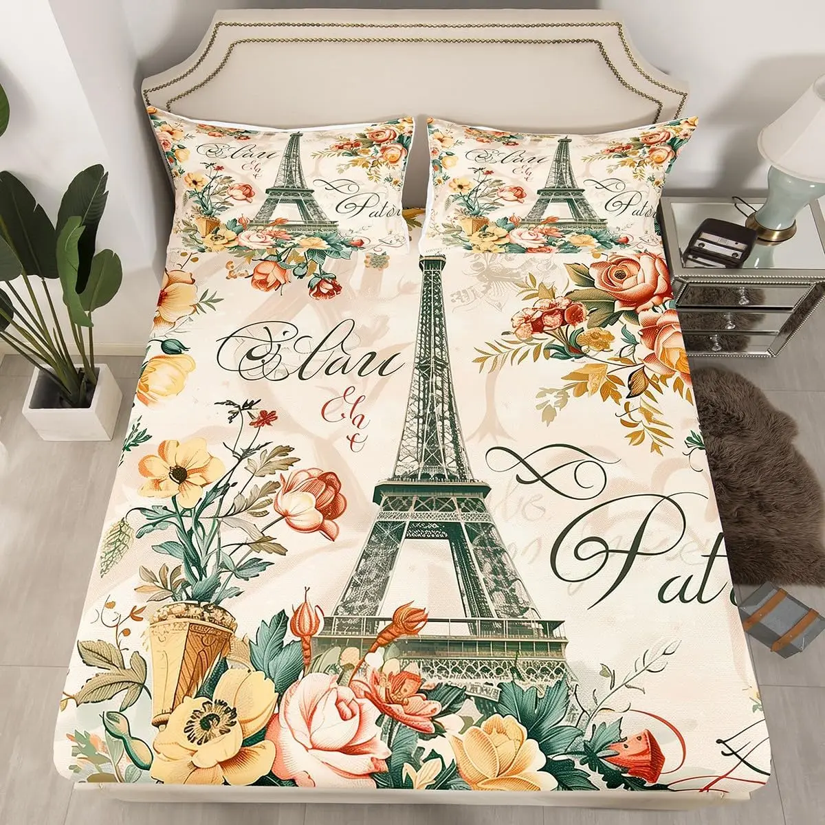 Vintage Eiffel Tower Twin Queen Fitted Sheet,Romantic Paris Floral Bedding Set for Kids Adults,French Style Flower Bottom Sheets